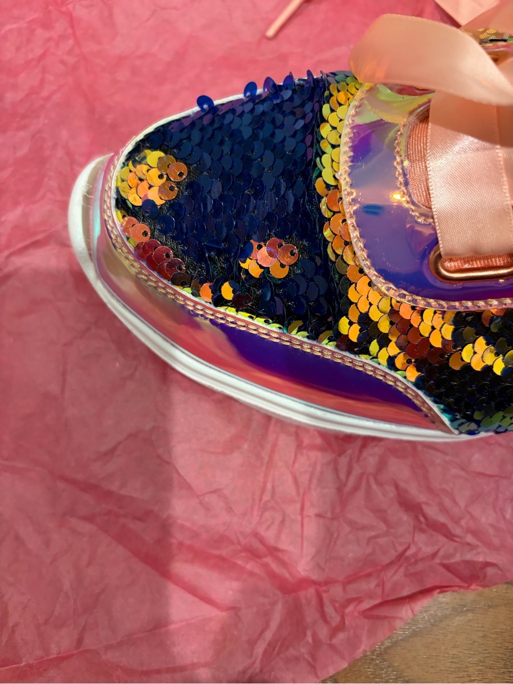 Girls Iridescent Sequin Rainbow Sneakers with Pink Satin Laces - Picture 4 of 8